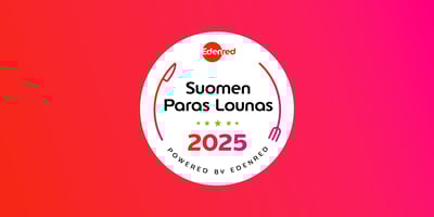 Suomen Paras Lounas 2025 -kilpailun tunnus liukuvärjätyllä taustalla