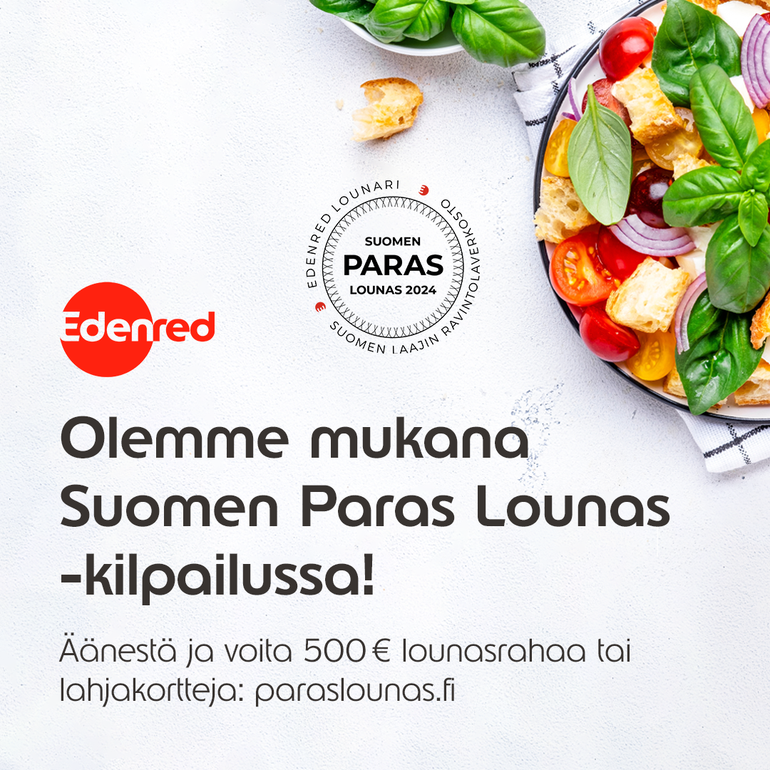 Suomen Paras Lounas -kampanjamateriaaleja. Salaattiannos, dekaali, Edenred-logo ja teksti olemme mukana Suomen Paras Lounas -kilpailussa.