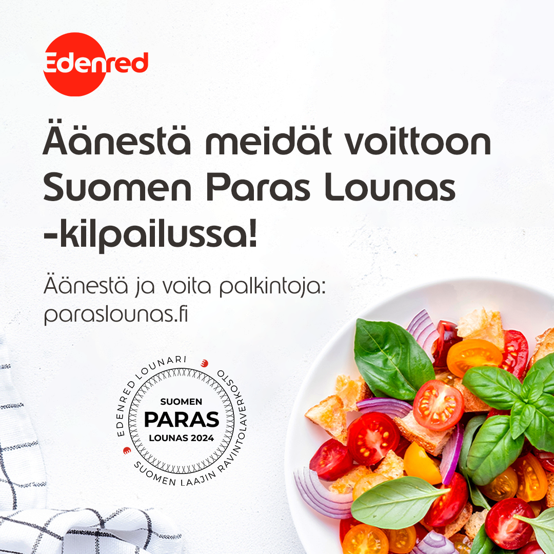 Suomen Paras Lounas -kampanjamateriaaleja. Salaattiannos, dekaali, Edenred-logo ja teksti Äänestä meidät voittoon Suomen Paras Lounas -kilpailussa.