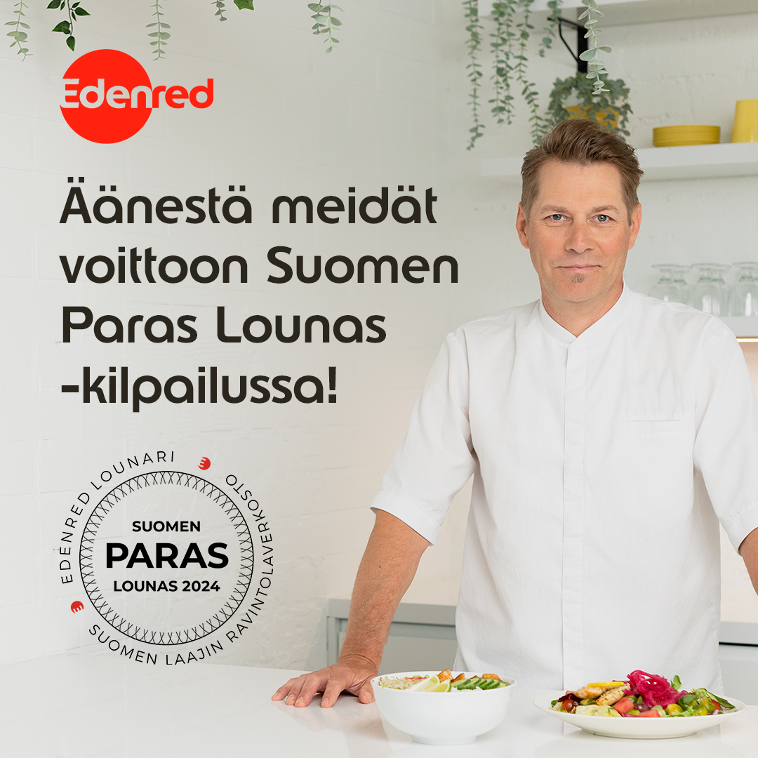 Suomen Paras Lounas -kampanjamateriaaleja. Harri Syrjänen, dekaali, Edenred-logo ja teksti Äänestä meidät voittoon Suomen Paras Lounas -kilpailussa.