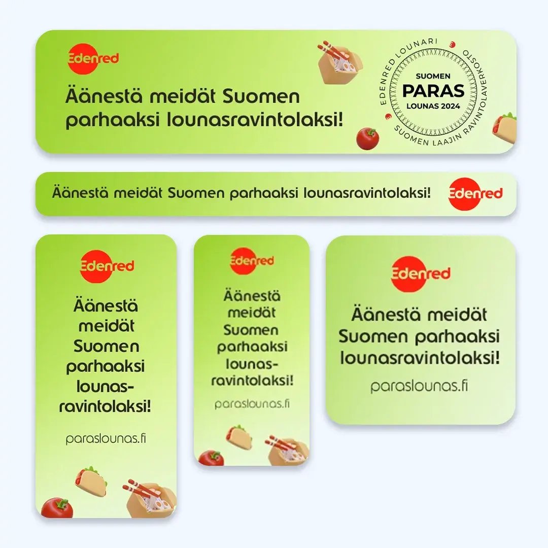 Suomen Paras Lounas -kampanjamateriaaleja. Kansikuva, jossa esimerkkejä verkkosivubannereista.