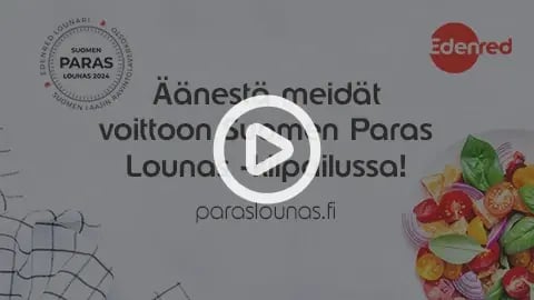 Suomen Paras Lounas -kampanjamateriaaleja. Kansikuva, jossa videokuvake ja videon näkymä.