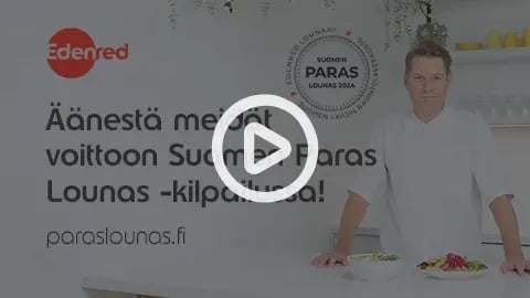 Suomen Paras Lounas -kampanjamateriaaleja. Kansikuva, jossa videokuvakkeen takana Harri Syrjänen videolla.