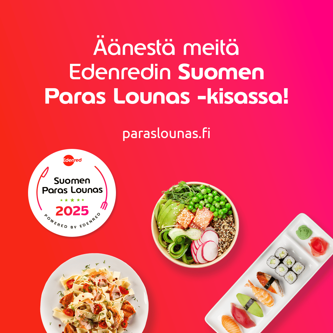 Ruoka-annoksia kirkkaanpunaisella taustalla, Suomen Paras Lounas -logo ja äänestysteksti.