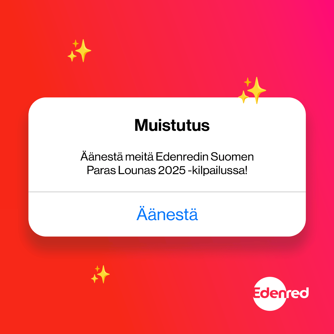Äypuhelimen ilmoitusikkuna värikkäällä taustalla, valkoinen Edenred-logo ja tähtihymiöitä.