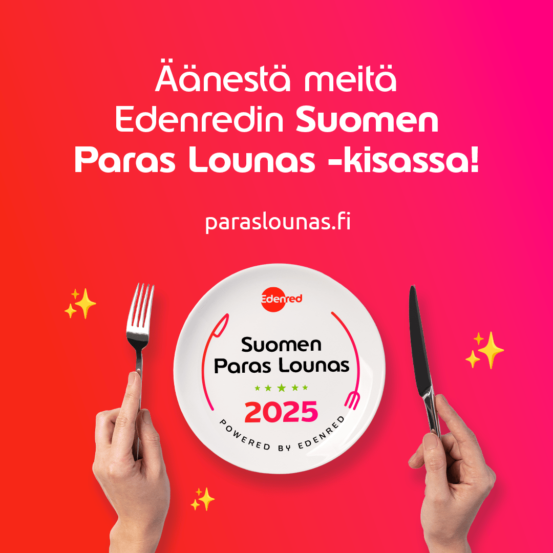Suomen Paras Lounas -logo ruokalautasella haarukan ja veitsen kanssa, tähtihymiöitä ja äänestyskehotus.